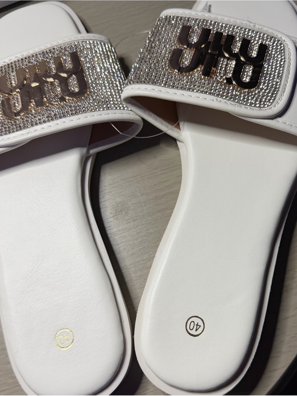 White Rhinestone Slide Sandals with Metallic Logo